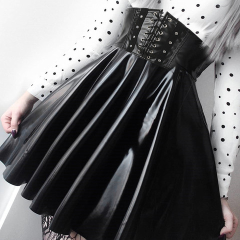 Frauen Kunstleder fermeture éclair taille haute moulante Minirock extensible Wetlook a-ligne jupe plissée Kleid ► Photo 1/5