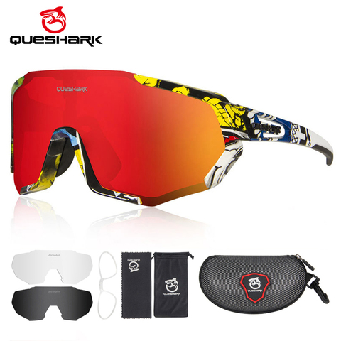 QUESHARK 2022 nouveau lunettes de cyclisme polarisées pour homme femmes lunettes de vélo cyclisme lunettes de soleil 3 lentilles miroir UV400 lunettes vtt QE48 ► Photo 1/6