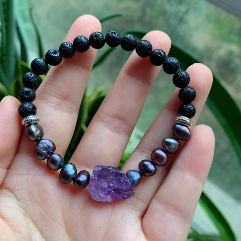 Reiki – Bracelets en Quartz améthystes minéraux de guérison pour femmes, perles baroques blanches en lave noire, perles d'eau douce naturelles ► Photo 1/6