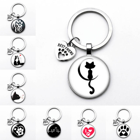 Amour Chat Animal Empreintes Chiens Verre Cabochon Porte-clés Sac De Voiture Porte-clés Porte-Anneau Charmes Porte-clés Pour hommes Femmes Cadeaux ► Photo 1/6