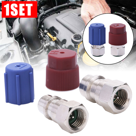 Adaptateur de Conversion pour climatiseur automobile, 2 pièces, rouge, bleu, pour rénovation de voiture 1/4 SAE R12 à R134a, haute/basse tension AC pour climatiseur automobile ► Photo 1/6