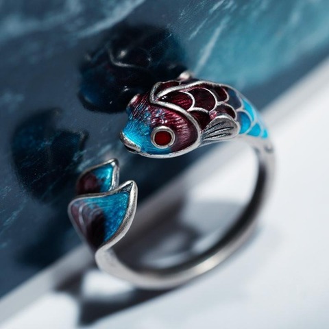 Argent émail couleur brocart carpe anneau chinois classique minorité design élégant charme femmes réglable marque bijoux ► Photo 1/1