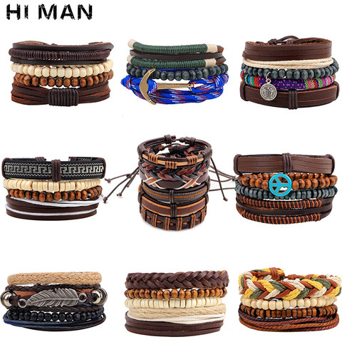 Bracelets multicouches en cuir faits à la main, 10 Styles, ancre, perles en bois, vente en gros ► Photo 1/6