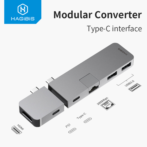 Hagibis USB-C adaptateur de moyeu type vers HDMI-compatible USB 3.0 RJ45 Gigabit Ethernet SD/TF PD charge pour MacBook Pro/Air Samsung S10 ► Photo 1/6