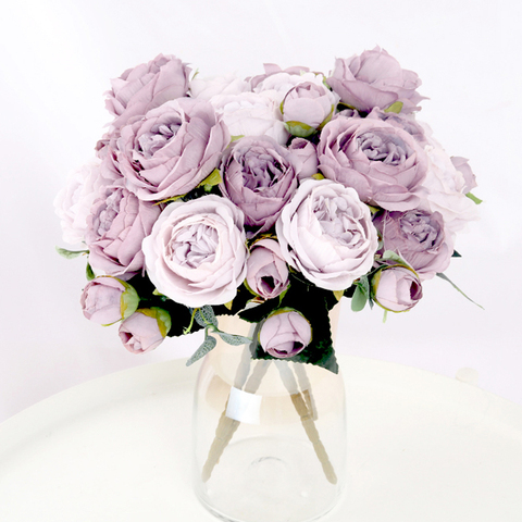 Bouquet de roses et pivoines artificielles, 9 têtes, fausses fleurs d'automne, pour décorer un salon, un jardin, un mariage ► Photo 1/6