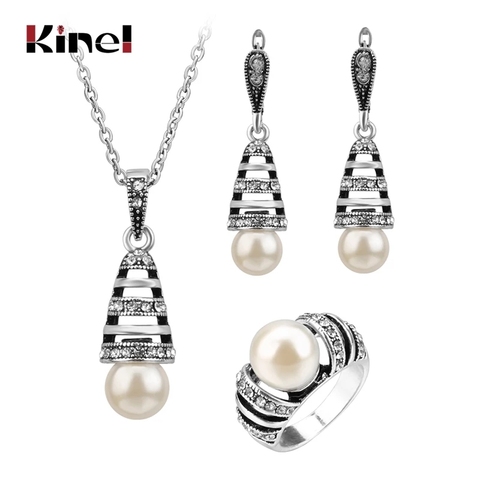 3 Pcs Couleur Argent Perle Ensembles de Bijoux Pour Femmes Évider Goutte D'eau Collier Boucles D'oreilles Et Bague Vintage Bijoux De Mariage ensemble ► Photo 1/6