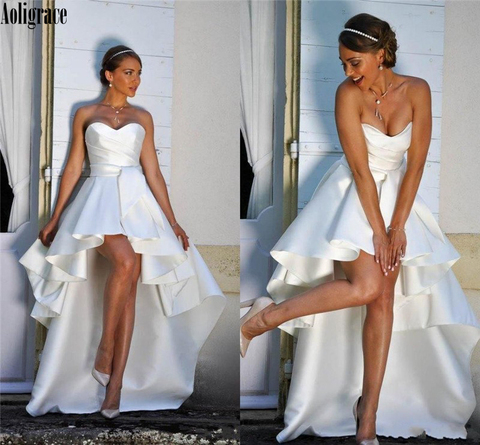 Robe De Mariée en Satin, style Boho, sans manches, à volants, hauts et bas, décolleté en cœur, robes De plage, 2022 ► Photo 1/6