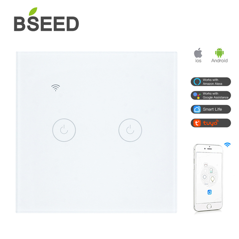 BSEED L'UE Interrupteur Tactile Commutateurs Wifi 2 Gang 1Way Smart Switch Boutons LED Panneau de Verre Smart Switch Avec Tuya Google Home ► Photo 1/6