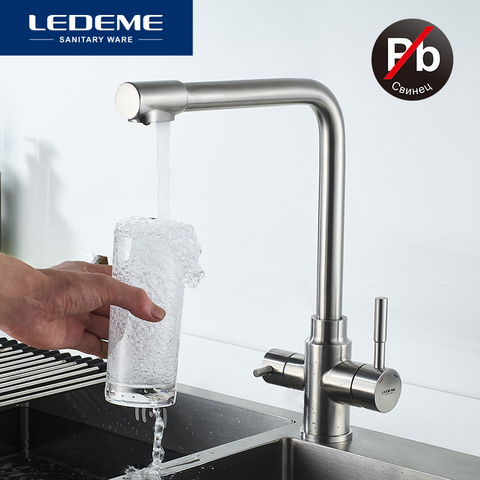 LEDEME robinet de cuisine avec filtre à eau, Double bec pour Purification de l'eau, en acier inoxydable robinet de cuisine avec évier, grue mitigeur L4355-3 ► Photo 1/6