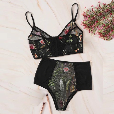 Élégant ensemble de soutien-gorge femmes sous-vêtements col en v Floral brodé Push Up dentelle ensemble de Lingerie noir haut court et culotte ensemble livraison directe ► Photo 1/6