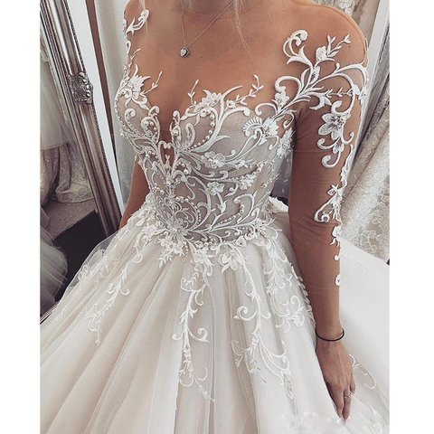 Charmante robe de mariée en dentelle 2022 robe de mariée pure manches longues robes de mariée sur mesure Illusion a-ligne robes de mariée ► Photo 1/1