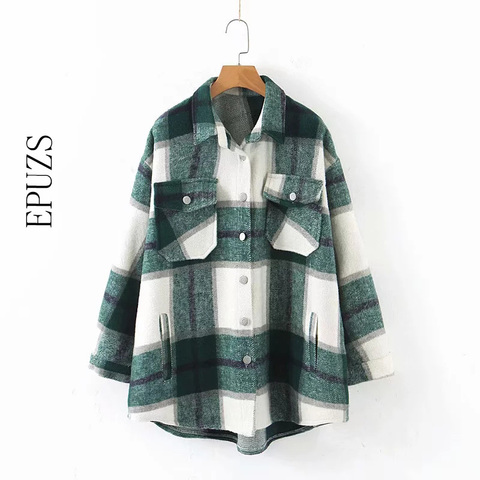 Automne hiver vert plaid veste et manteau mode bouton à manches longues manteau décontracté bureau vêtements d'extérieur chauds surdimensionné dames vestes ► Photo 1/6