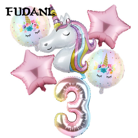 6 pièces arc-en-ciel dégradé licorne fête ballon 32 pouces nombre décorations de fête d'anniversaire enfants licorne fête ballons de mariage Globos ► Photo 1/6