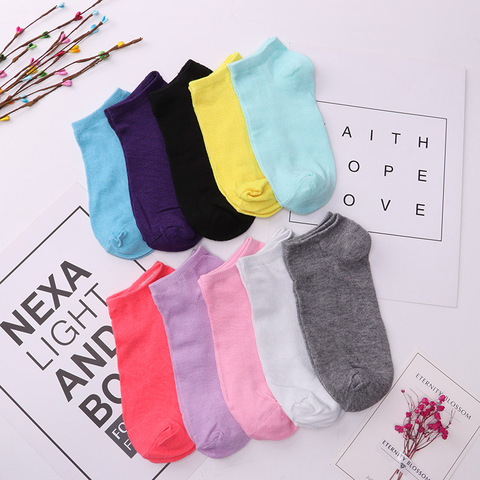 Chaussettes de cheville pour femmes, 20 pièces = 10 paire/lot couleurs acidulées, drôles et mignonnes, bateau de couleur unie, chaussettes d'art courtes pour femmes ► Photo 1/6