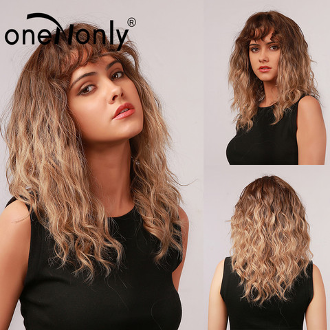 OneNonly longueur moyenne bouclés vague Ombre brun blond perruques synthétiques avec frange pour les femmes Cosplay quotidien cheveux résistant à la chaleur ► Photo 1/6