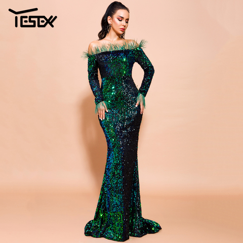 Yesexy 2022 Sexy épaules nues Sequin robe femmes plume couleur unie soirée robe de soirée à manches longues Maxi robe Vestdios VR19005 ► Photo 1/6