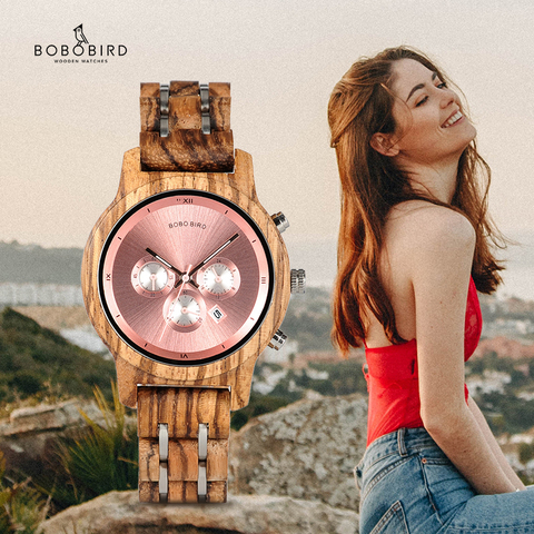 BOBO BIRD-montres à Quartz Simple en bois, mouvement pour femmes, horloge personnalisée, cadeau idéal avec boîte en bois, collection B-P18 ► Photo 1/6