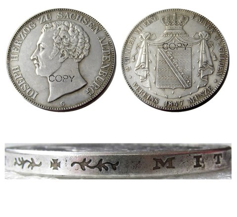 États allemands. Saxe-altenburg. James. Pièce de reproduction ar2 Thaler, argent plaqué, 1847 G ► Photo 1/3