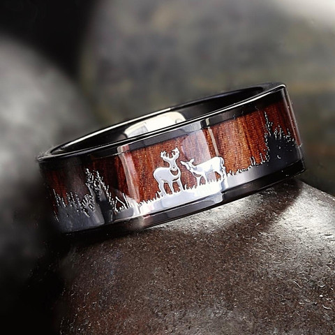 FDLK noir tungstène chasse anneau de mariage en bois incrusté cerf cerf Silhouette anneau ► Photo 1/6