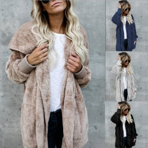 Fausse fourrure manteau femmes 2022 automne hiver chaud doux longue fourrure veste Outwear en peluche pardessus poche boutonné Cardigan avec capuche ► Photo 1/6