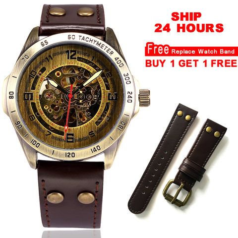 Bronze mécanique montre hommes squelette automatique montre Steampunk Transparent Vintage en cuir hommes montres horloge livraison directe ► Photo 1/6