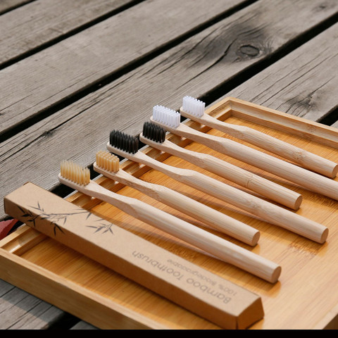 Brosse à dents en charbon de bambou écologique pour adulte et enfant, 1 pièce, pour soins buccaux, nettoyage des dents, poils souples en bois avec boîte ► Photo 1/6