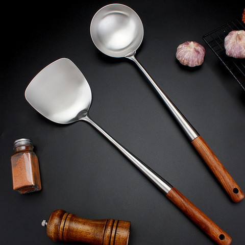 Cuillère spatule en acier inoxydable 304 avec manche en bois cuillère de cuisson allongée anti-brûlure pelle de cuisine ► Photo 1/5