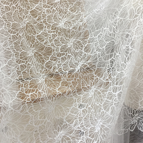 Fleurs roses blanc cassé, tissu en dentelle, fleurs scintillantes à paillettes! Robe en dentelle pour femmes 1 Yard, tissu en soie brodée pour bricolage! ► Photo 1/6