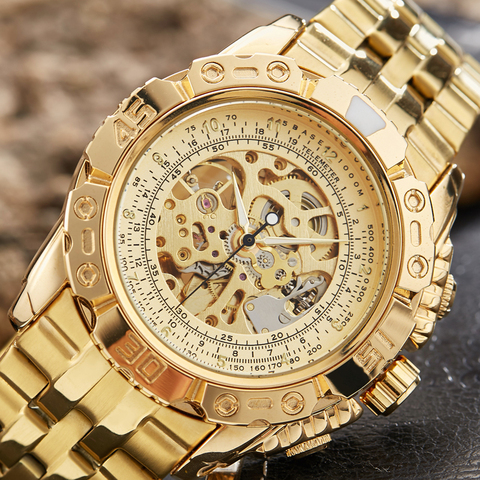 Montre mécanique automatique de luxe pour hommes, argent or, montre-bracelet squelette entièrement en acier, horloge surdimensionnée à grand cadran ► Photo 1/6