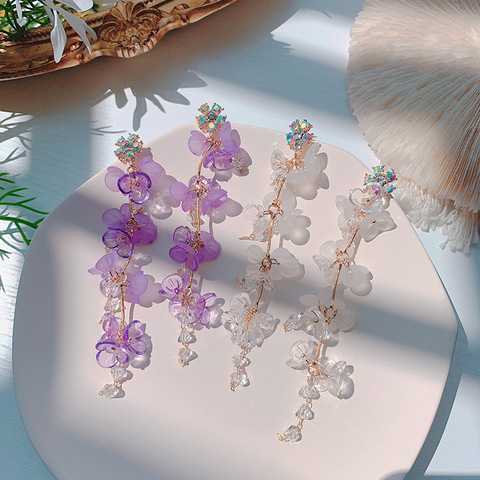 Boucles d'oreilles Boho à fleurs blanches et violettes pour femmes, longues, goutte d'eau, nouvelle tendance, bijoux d'été, 2022 ► Photo 1/6