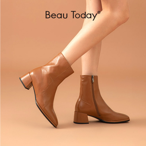 BeauToday – bottines en cuir de mouton pour femme, chaussures faites à la main, bout carré, mi-talon, fermeture éclair latérale, mode automne, 03885 ► Photo 1/6