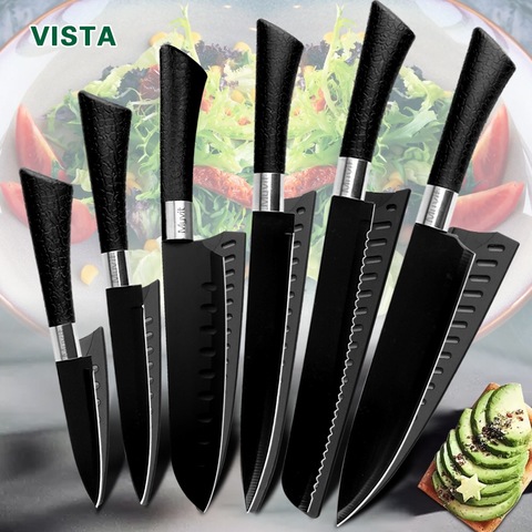 Ensemble de couteaux de cuisine Chef 7CR17 440C en acier inoxydable, lame antiadhésive coupe-pain Santoku utilitaires 6 pièces ► Photo 1/6