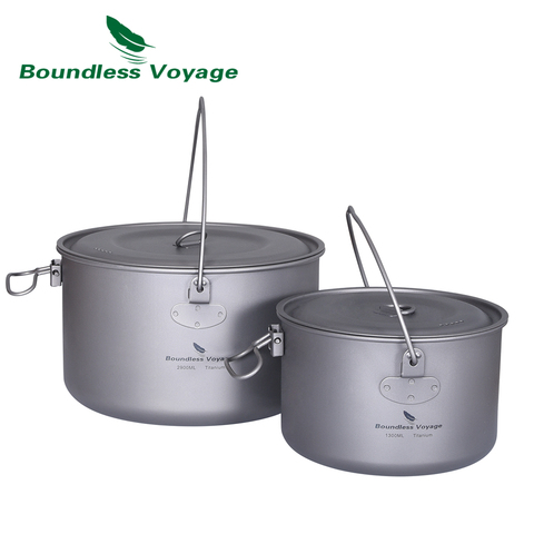 Voyage sans bornes titane Pot suspendu léger Camping cuisine batterie de cuisine en plein air bouilloire bol Kit de cuisson avec couvercle 1.3Ll / 2.9L ► Photo 1/6