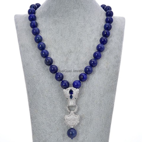 GG – collier en Lapis Lazuli bleu naturel, pendentif pavé en CZ, 19 pouces, 14MM ► Photo 1/3