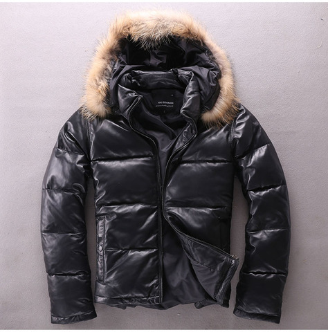 Veste en cuir véritable pour homme, mince de grande taille, manteau d'hiver chaud 90% en duvet de canard, vêtements d'extérieur épais en peau de mouton. Raton laveur ► Photo 1/4