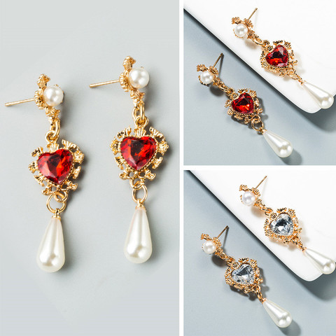 Boucles d'oreilles Vintage pour femmes, pendentif en perle, style Baroque, en forme de cœur, cristal rouge, alliage d'or, accessoires de fête, cadeaux ► Photo 1/6