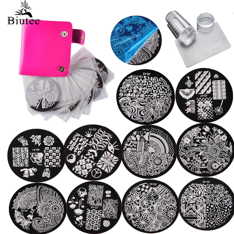 10 Pcs Nail Plaques + Clair Gelée Silicone Nail Art Stamper Scraper Nail Art Stamping modèle Image Plaques Nail Timbre Plaque ensemble ► Photo 1/6