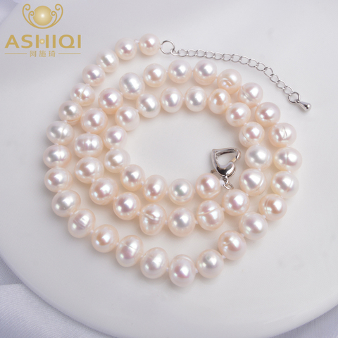 ASHIQI véritable collier ras du cou de perles d'eau douce naturelles 8-9mm blanc près de perles rondes bijoux cadeaux pour les femmes ► Photo 1/6