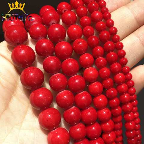 Perles de Jades corail rouge naturelles, rondes et amples pour la fabrication de bijoux, accessoires pour la fabrication de Bracelets et boucles d'oreilles, DIY, 15 ''4/6/8/10/12mm ► Photo 1/6