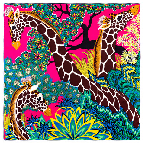 POBING – écharpe en soie sergé roulée à la main pour Femme, foulard carré trois girafes, écharpe enveloppante Bandana, Hijab, 90CM ► Photo 1/6