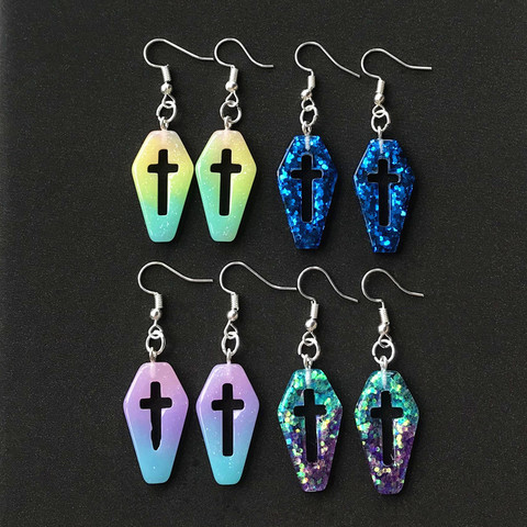 Boucles d'oreilles de petite taille pour femmes, 1 paire, cercueil, Planchette, dos plat en résine, boucles d'oreilles croisées, bijoux à la mode ► Photo 1/6