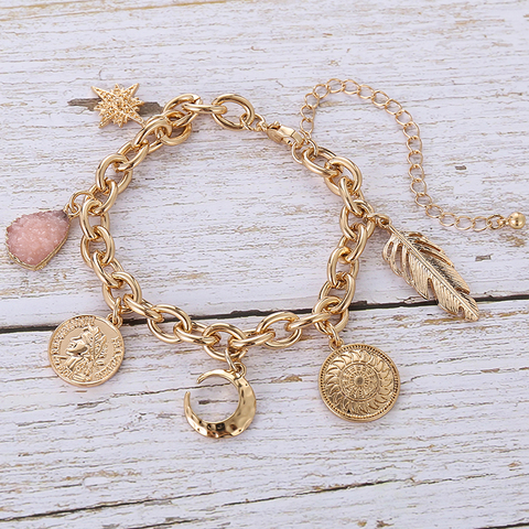 Bracelet en résine rose, pièces de monnaie, chaîne Punk hip hop en or, feuille de lune, étoile, pendentif, bijoux, personnalité féminine, Portrait, Bracelets géométriques ► Photo 1/6