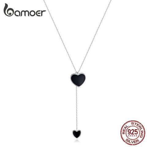 Bamoer – collier Double cœur Simple en émail noir pour femmes, chaîne en Y, bijoux en argent Sterling 925, BSN095 ► Photo 1/6