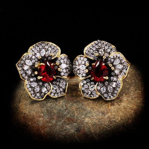 Boucles d'oreilles en cristal Zircon AAAA, exquises incrustées de diamants colorés rouge Rose, boucles d'oreilles en fleur, argent 925, bijoux en fleur Non allergiques ► Photo 1/5