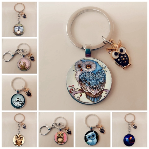 Porte-clés hibou en verre convexe, breloque mignonne en émail, accessoires pour dames et hommes ► Photo 1/6