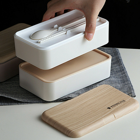 Boîte à déjeuner à deux niveaux, Bento en bois, micro-ondable, vaisselle, boîte à déjeuner pour enfants, école, bureau, accessoires de cuisine, 2022 ► Photo 1/6