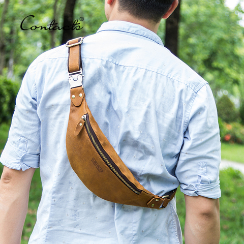 CONTACT'S 100% Crazy Horse cuir hommes taille sac décontracté Fanny Pack ceinture téléphone pochette sacs petit poitrine Packs pour homme sac à bandoulière ► Photo 1/6