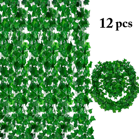 Guirlande de feuilles vertes de lierre artificielles de 2M, 12 pièces, faux feuillage de vigne, décoration de maison, ficelle en plastique et rotin, décoration murale ► Photo 1/6