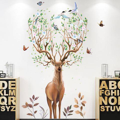 Autocollant mural de grande taille, Animal nordique, cerf, Branches d'oiseaux, autocollant en PVC amovible, décoration amovible pour le salon et la chambre à coucher ► Photo 1/6