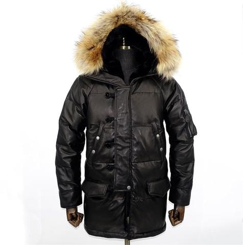 Manteau en duvet de canard pour homme, veste en cuir véritable de mouton, parka chaude en fourrure de raton laveur, tissu noir, surdimensionné xxxxl, 2022 ► Photo 1/6